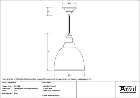 Hammered Brass Brindley Pendant in Soot