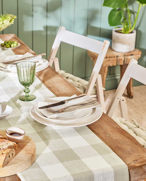Sophie Allport Linen Table Runner - Neutral Stone and White - Gingham