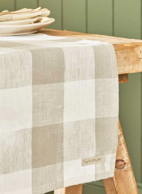 Sophie Allport Linen Table Runner - Neutral Stone and White - Gingham