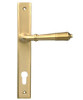 From The Anvil's Satin Brass Reeded Slimline Lever Espag. Lock Set