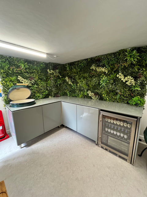 EX-DISPLAY Vlaze Bespoke Configuration: ‘The Kitchen Corner’ in Sage complete with Big Green Egg and blast cool fridge