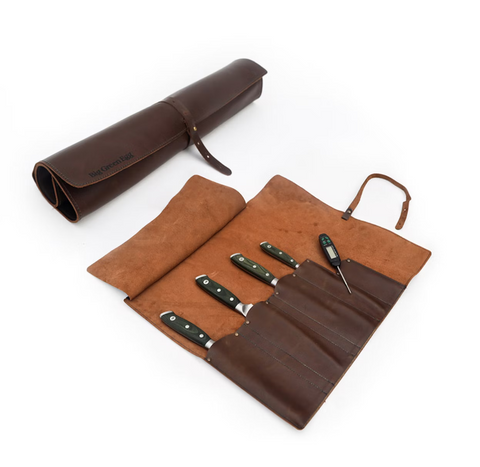 Big Green Egg Leather Knife Roll with Jute Bag