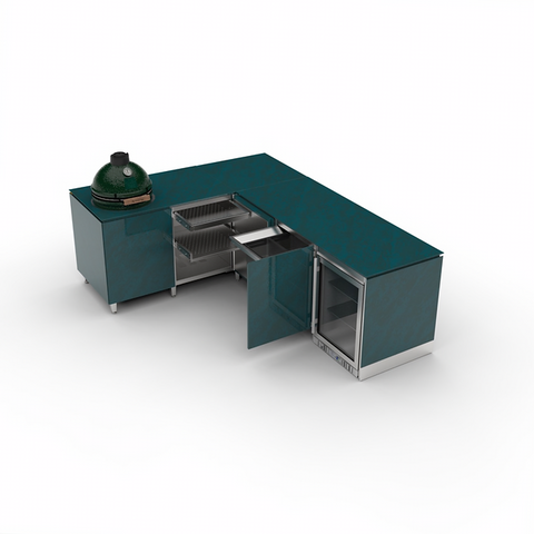 EX-DISPLAY Vlaze Bespoke Configuration: ‘The Kitchen Corner’ in Sage complete with Big Green Egg and blast cool fridge